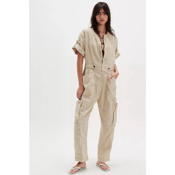 Free People Women’s Let’s Ride One Piece XS Linen Blend Costal Boho Tan Striped